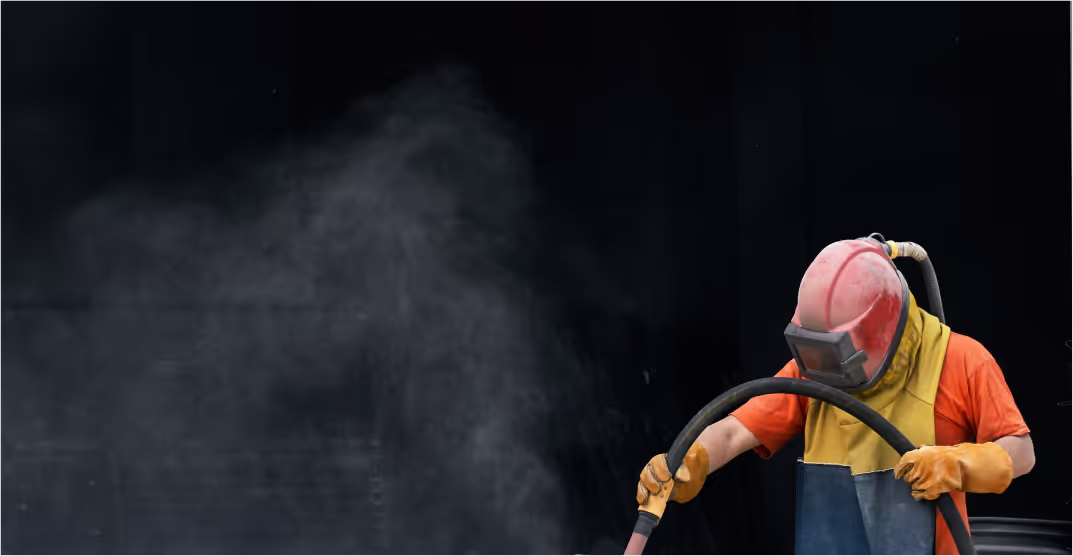 a person wearing protective gear uses a bead blaster